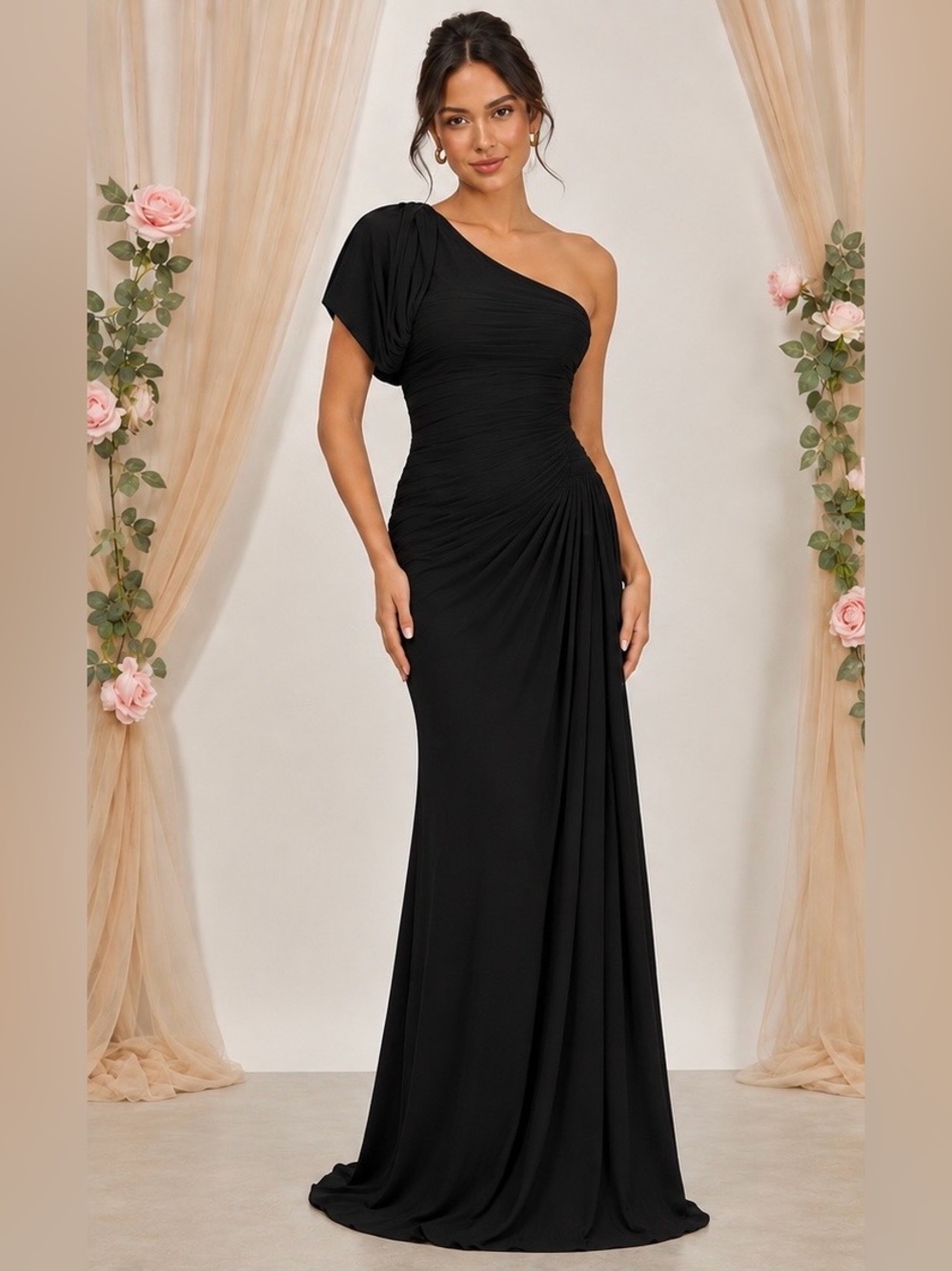 Black One Shoulder Ruched Draped Maxi Formal Evening Gown Small